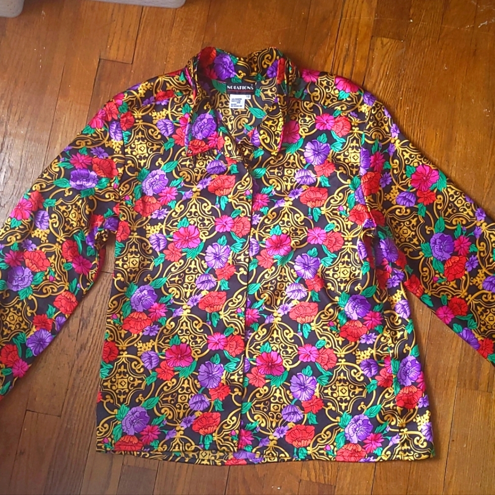 VTG 80s/90s Notations Floral Peony Gold Button Down Silk Blouse